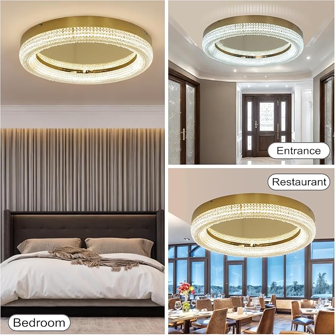 23.6" Gold LED 3 Color Remote Dimmable Modern Crystal Chandelier Round LED - Image 7