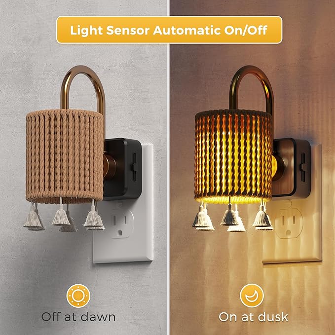 L LOHAS LED Night Lights Plug into Wall, Boho Fabric Cylinder Decor Night Light - Image 2
