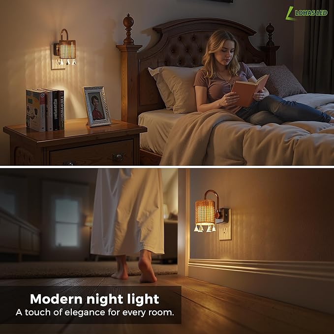 L LOHAS LED Night Lights Plug into Wall, Boho Fabric Cylinder Decor Night Light - Image 6