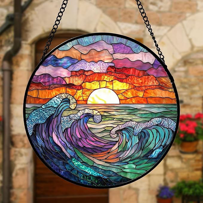DASTOLL Stained Glass Window Hanging, Clouds and Sea Waves Suncatcher Diamond - Image 5