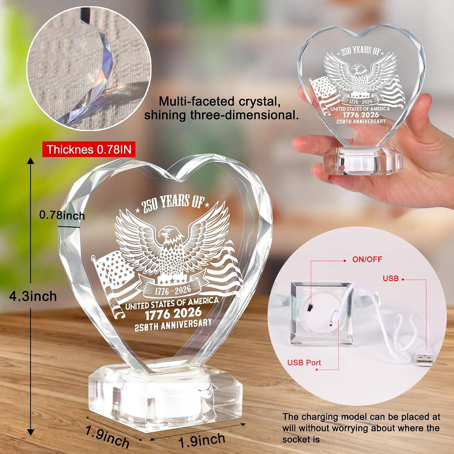 250th Anniversary 1776-2026 Heart Crystal LED Lamp, Engraved Crystal Night Light with Auto Color Changing, USB Powered Desk Decor Lamp for Men Women Veterans History Lovers