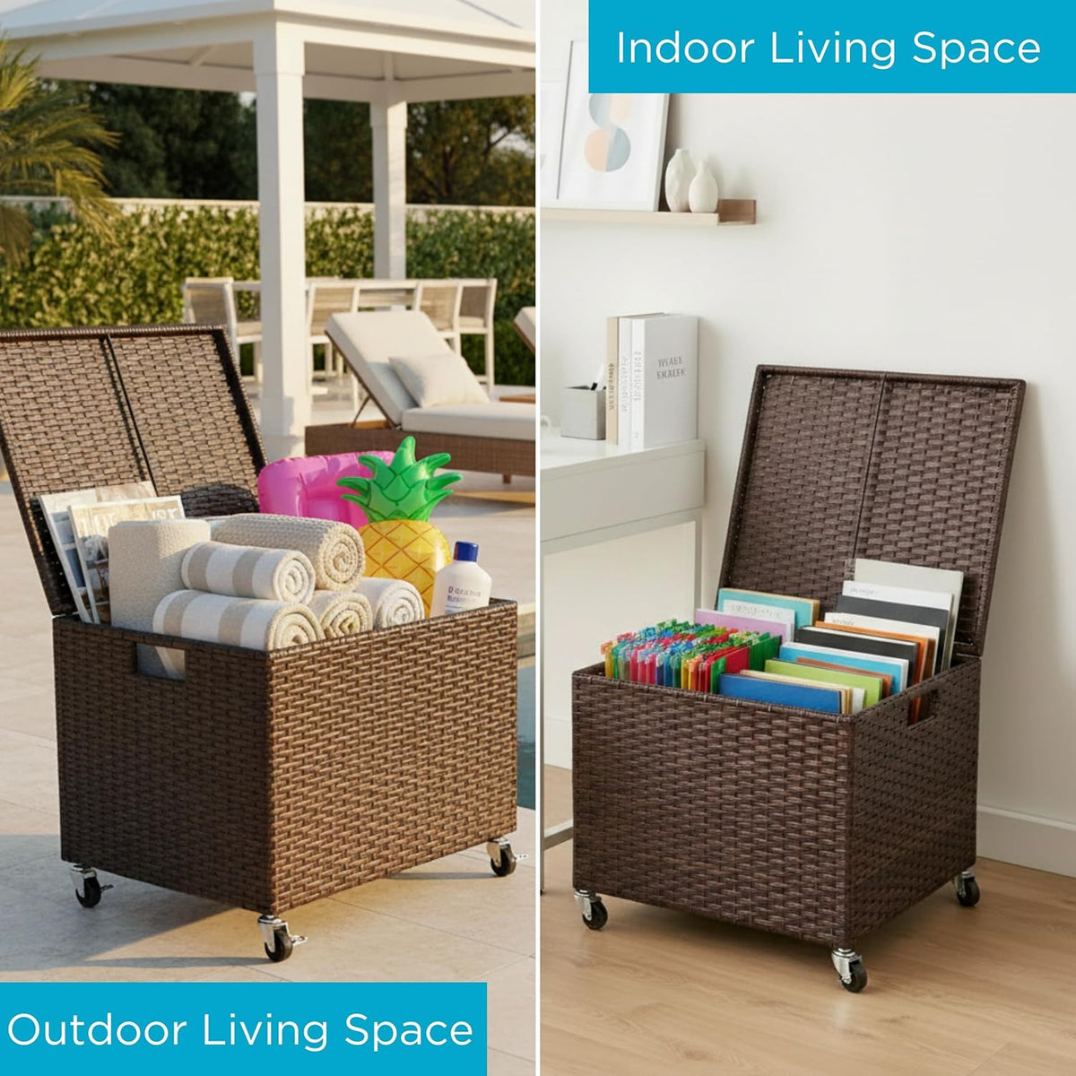 birdrock home rattan rolling storage box with lid showing dimensions