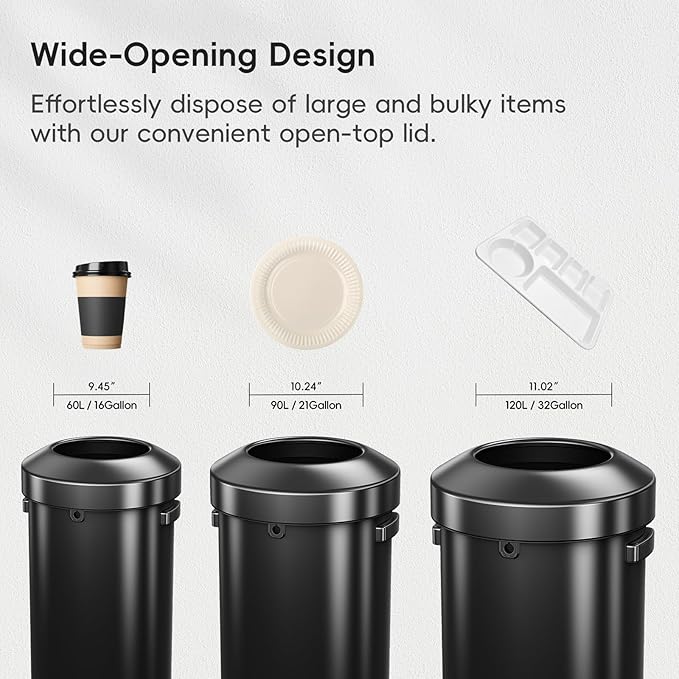 EKO Urban 32 Gallon Round Black Stainless Steel Open Top Waste Bin, Tall - Image 6