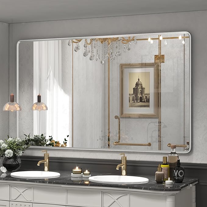 66x40 Inch Silver Framed Mirror, Brushed Nickel, Rounded Rectangle Mirror by GOLOMO