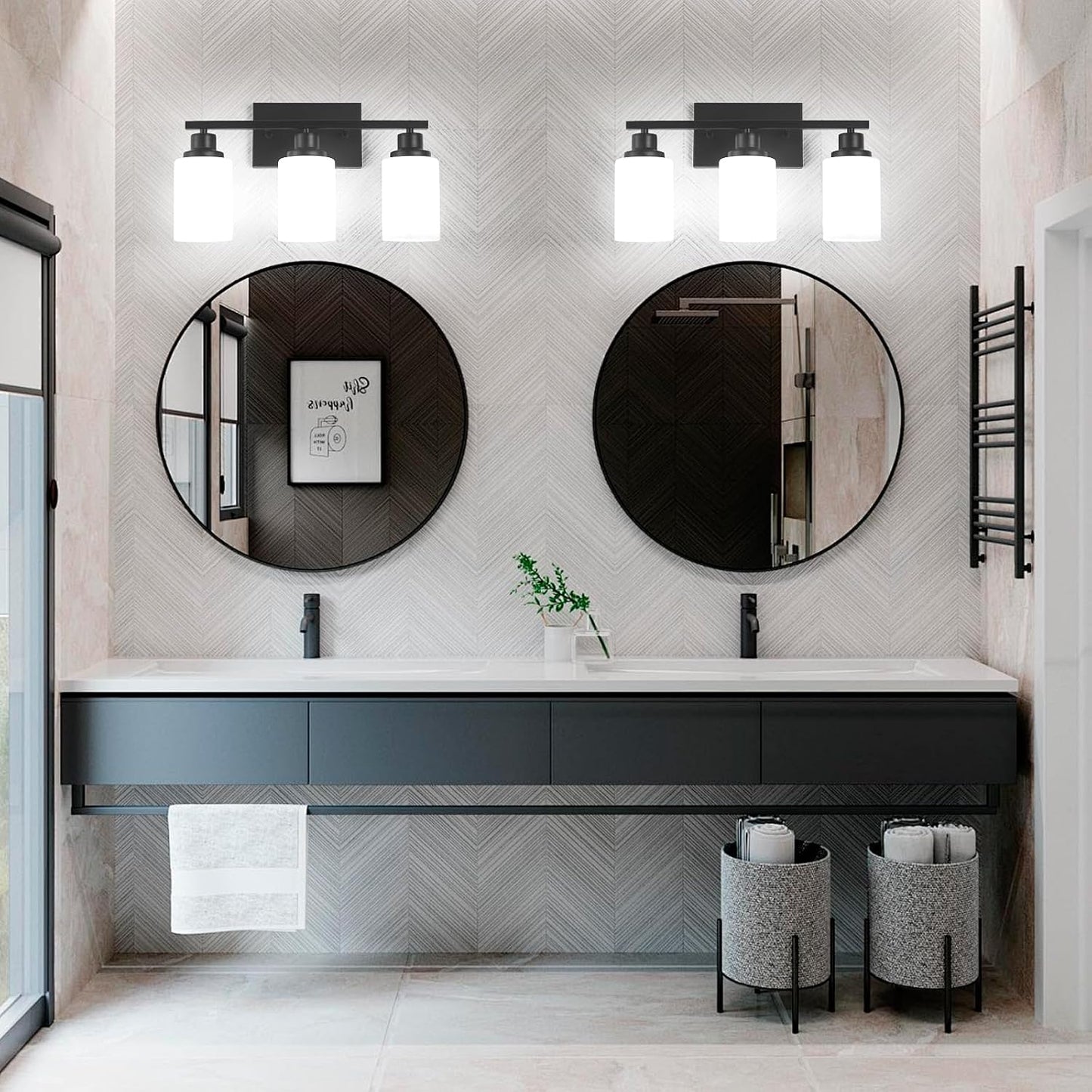 3-Light Black Bathroom Light Fixture Over Mirror,Modern Farmhouse Vanity Light,Wall Sconces with Milky White Glass Shade for Bathroom,Bedroom, Living Room,Staircase,Hallway E26
