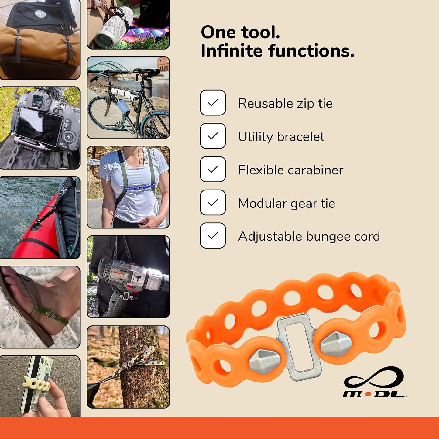 Infinity Tool™ Modular Gear Straps (4-Pack) for Camping, Travel & EDC | Hundreds of modular ways to organize, secure, bundle, hang & carry gear