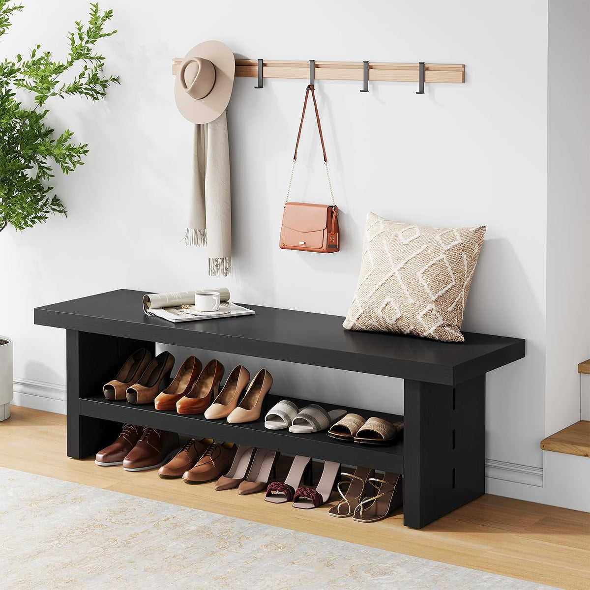 47" 2-tier wooden entryway bench with shoe storage, main product view