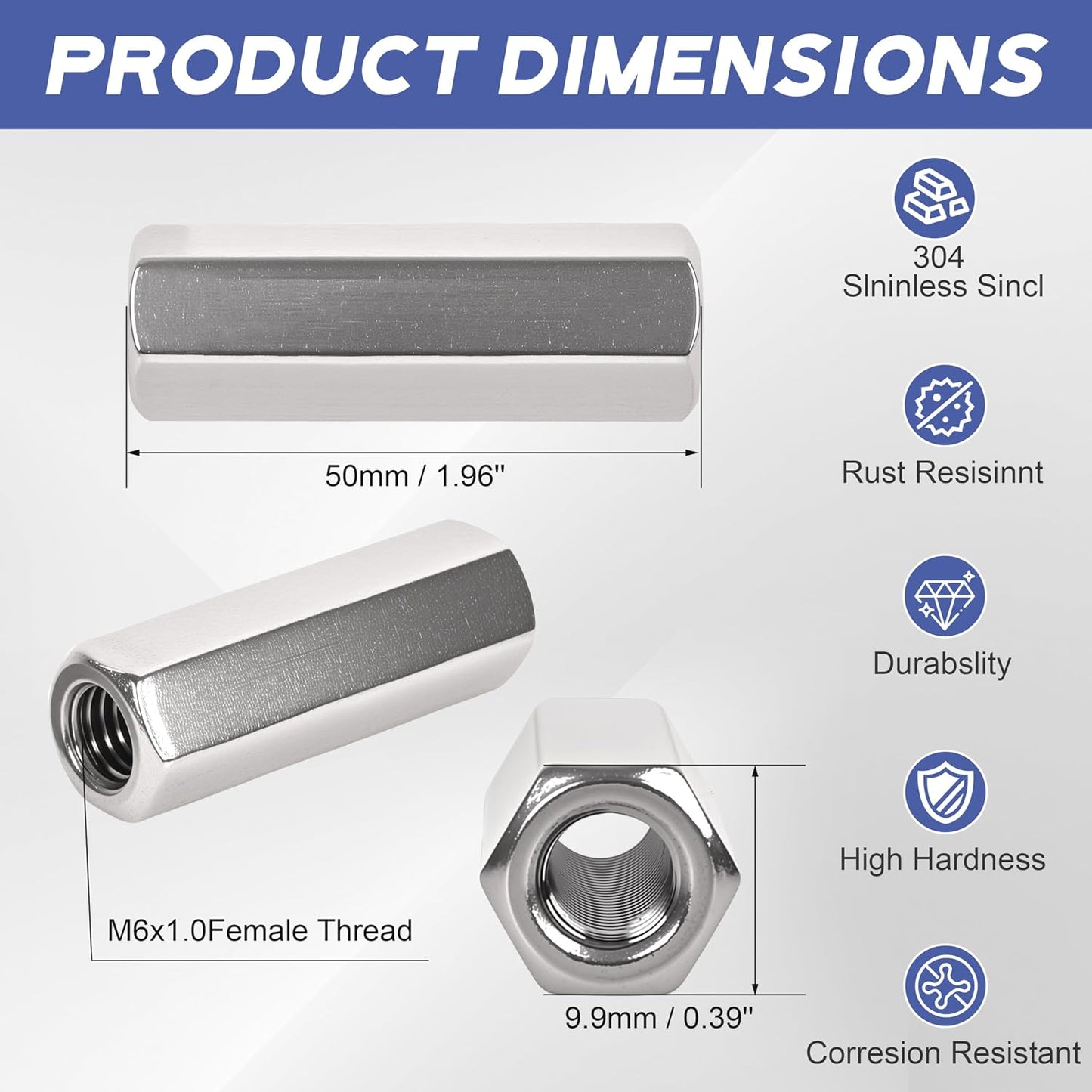 304 Stainless Steel Metric hex Coupling Nuts M6 x 1.0-Pitch 50mm 8 Pcs | Coupling Nuts,rod extension nut,metric threaded stud connector,long hex nut,bolt extender,DIY assembly hardware