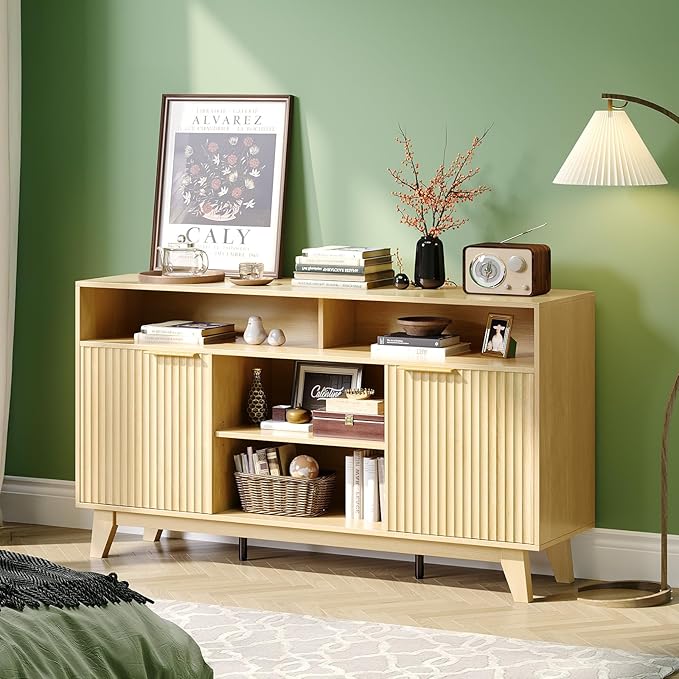 VINGLI Boho Fluted TV Stand for 70" TV, Solid Wood Entertainment Center by VINGLI