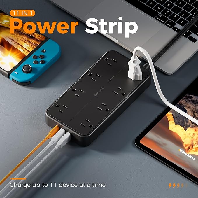 Surge Protector Power Strip, TESSAN Flat Plug Extension Cord - Image 2