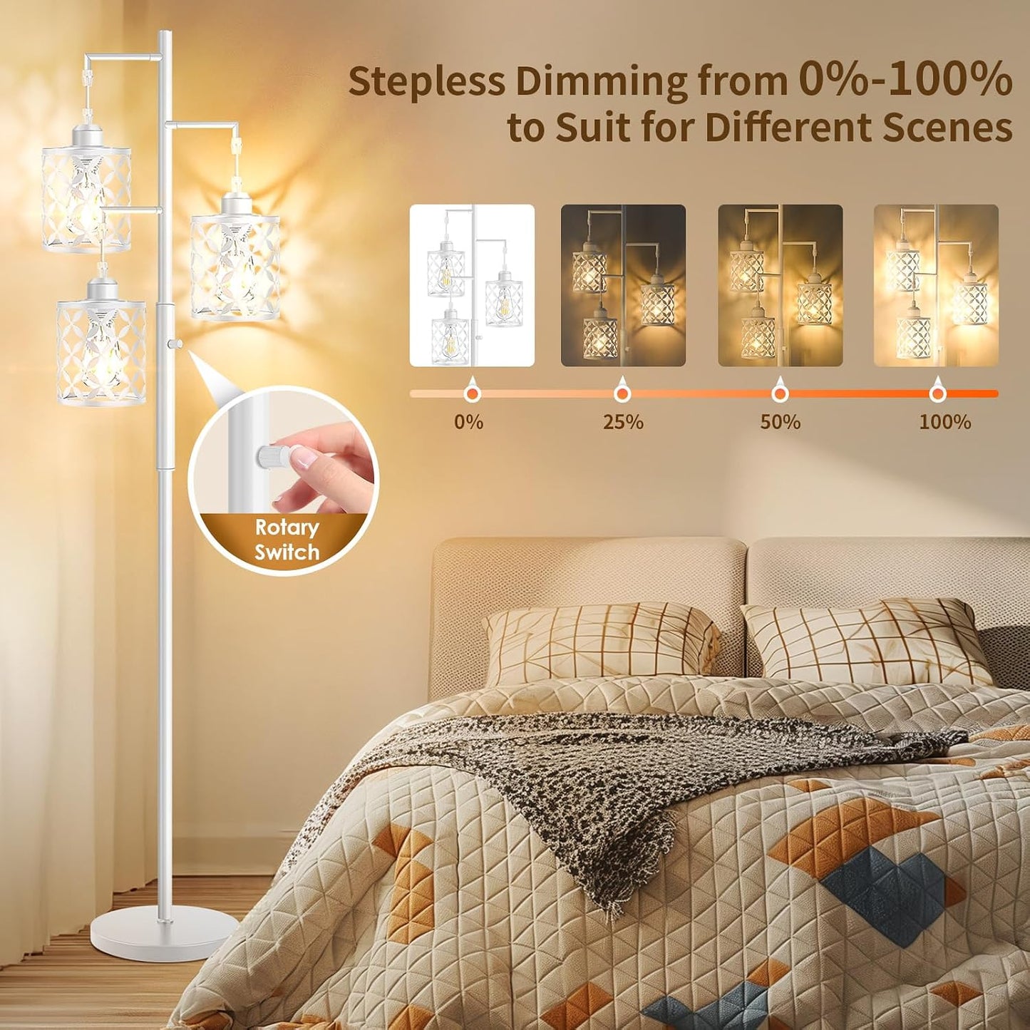 Dimmable Floor Lamp, Farmhouse Standing Lamp with Elegant Metal Cage, Industrial Tall Tree Floor Lamps for Living Room Bedroom Study Room Office, 3 x 800LM LED Bulbs Included - 68", White