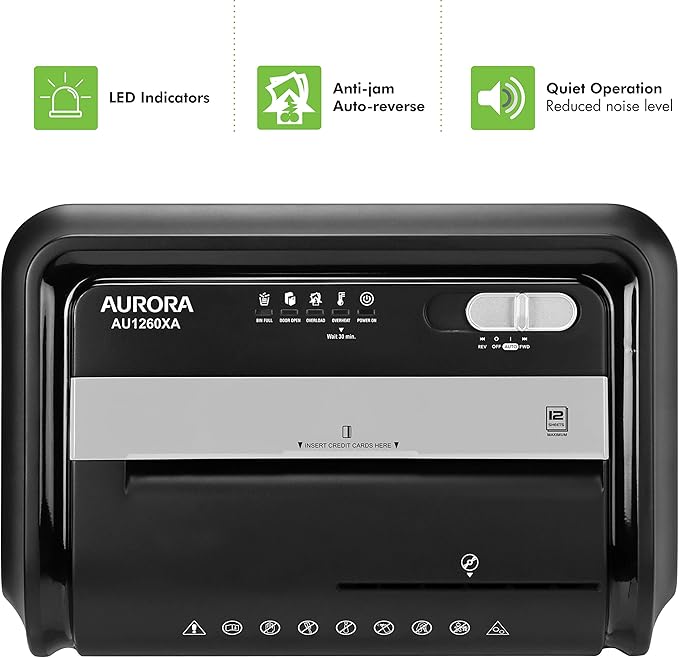 Aurora AU1260XA Anti-Jam 12-Sheet Crosscut Paper and CD/Credit Card Shredder - Image 5