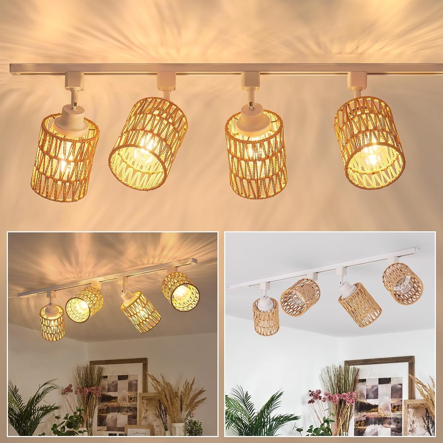 4-Pack H Track Lighting Heads, Rattan Track Light Heads Fixture for H Type Track Lighting Rail, E26 Flexible Track Light Ceiling Fixtures, Adjustable Modern Track Light for Kitchen, No Bulb