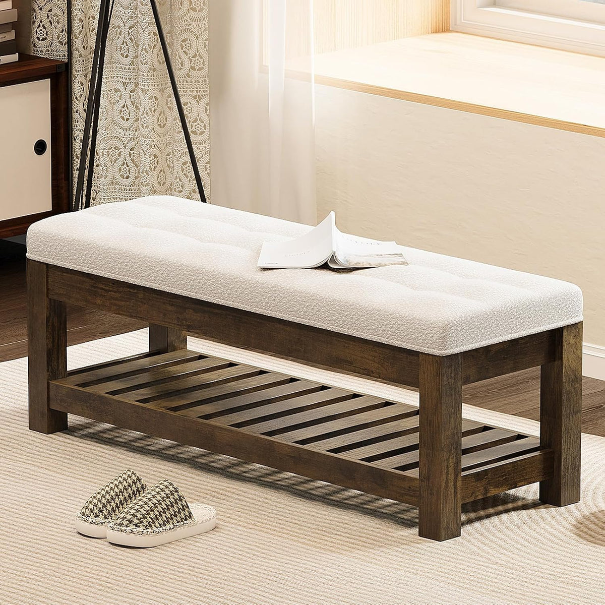 47.2" upholstered ottoman bench with wood storage shelf, side view