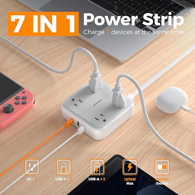 TESSAN Surge Protector Power Strip, 5 Ft Flat Plug Extension Cord - Image 2