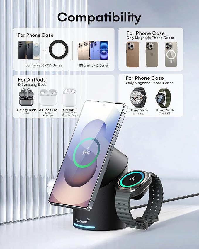 ZEEHOO 3 in 1 Charging Station for Samsung, Wireless Charger Stand, Qi2 15W - Image 4