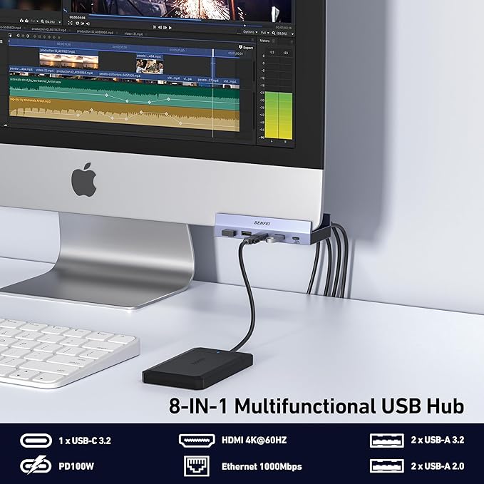 BENFEI 8-in-1 USB C Hub with Secure Clamp – Features 4K@60Hz HDMI, Gigabit - Image 2