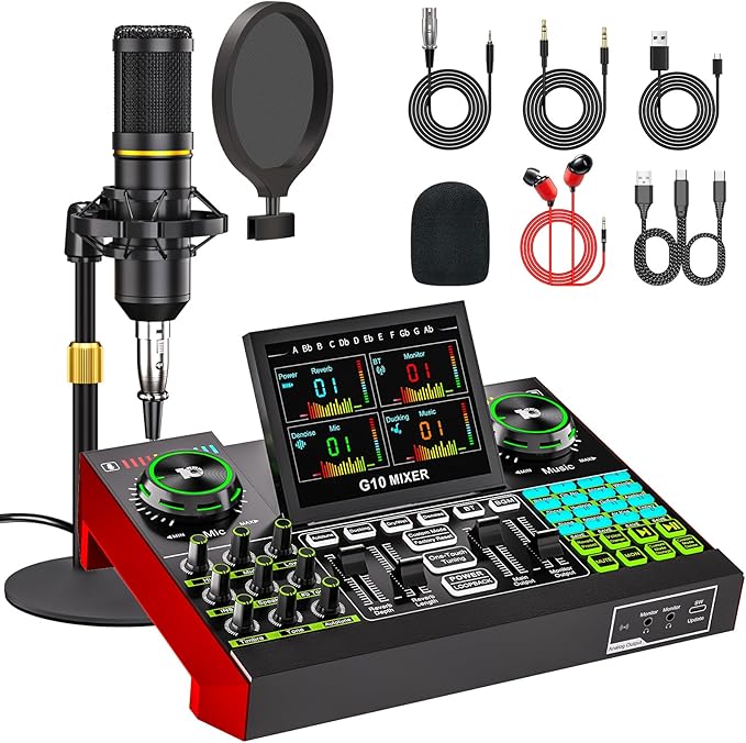 Podcast Microphone Bundle with Live Sound Card Audio Mixer, Podcast Equipment by tenlamp