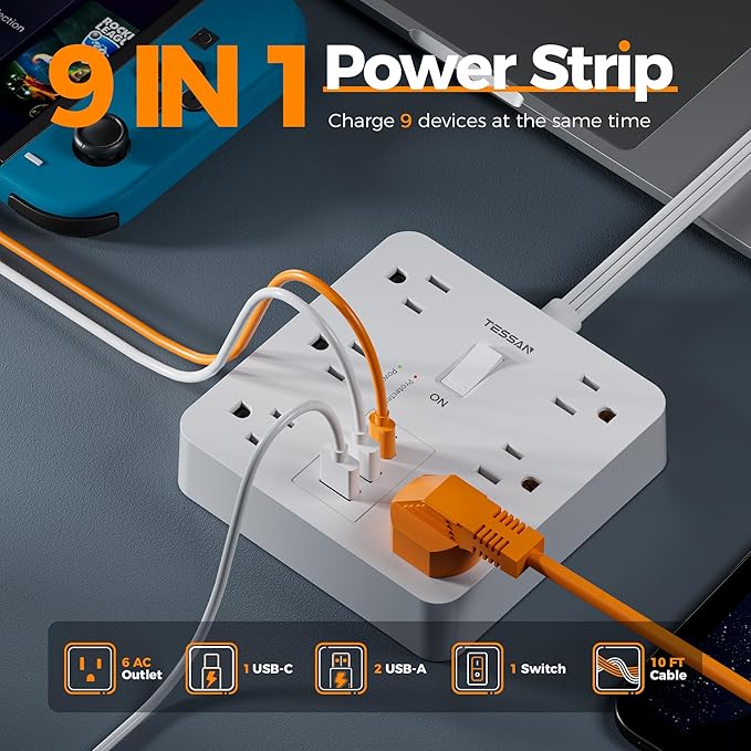 1700J Surge Protector Power Strip, TESSAN 10Ft Extension Cord - Image 2