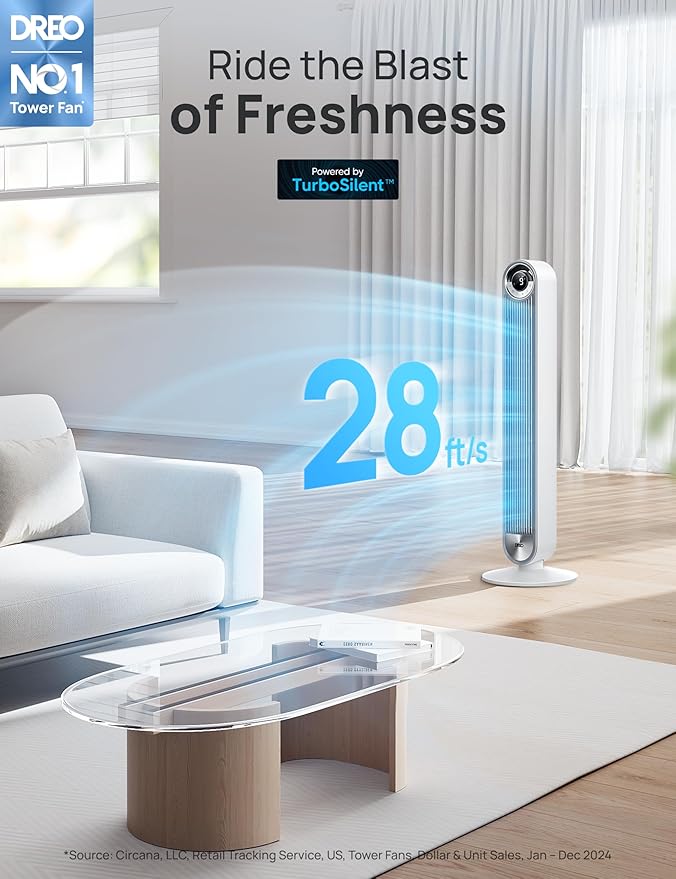 Dreo Tower Fan for Bedroom, Upgrated DC 9 Speeds Ultra-Quiet Floor Fan - Image 2