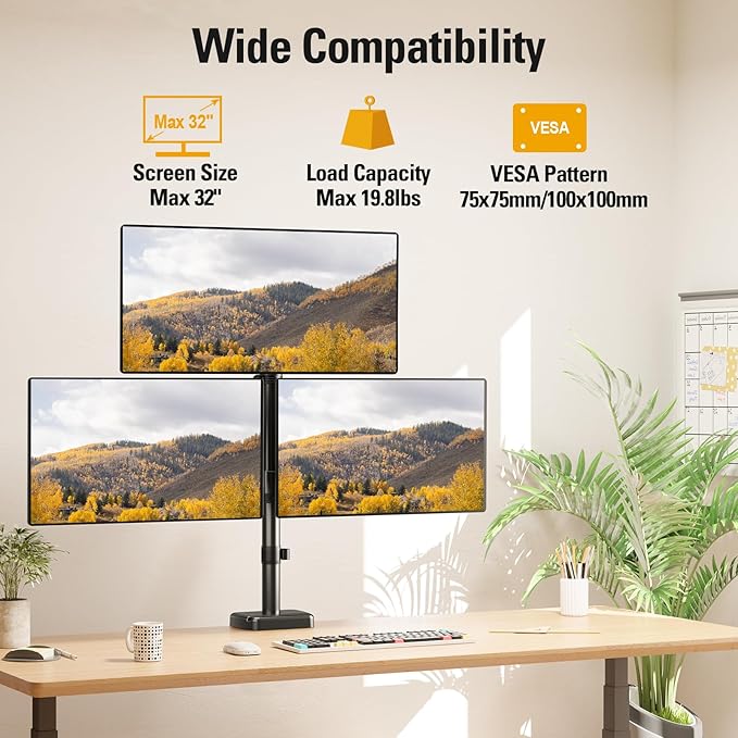 DreamAxis Triple Monitor Mount up to 32" Computer Screen, Adjustable 3 Monitor - Image 2
