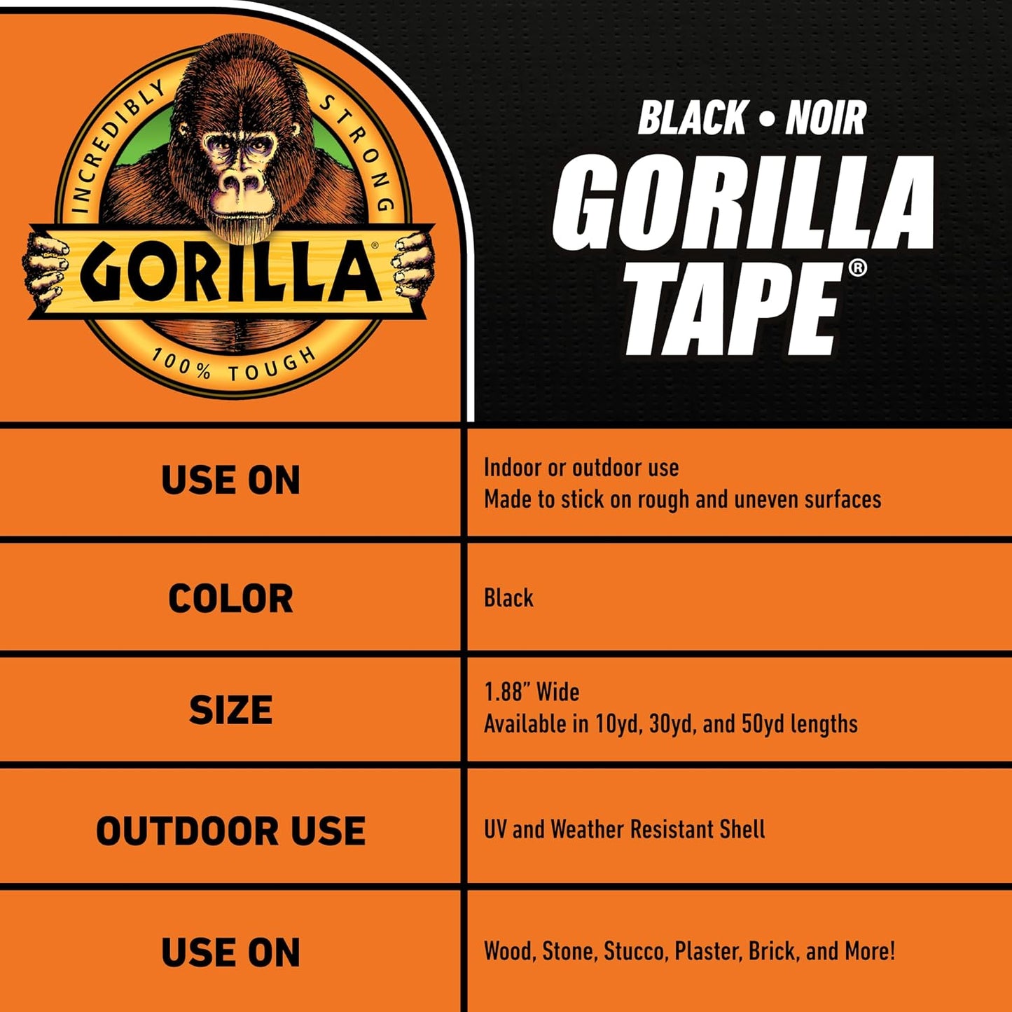 Gorilla Duct Tape,Black Tape,1.88" x 50 yd - Heavy Duty and Weather Resistant for Indoor or Outdoor,(Pack of 6)