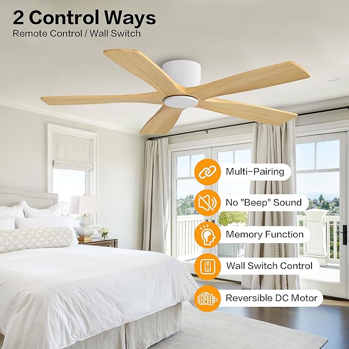 WINGBO 54" Flush Mount DC Ceiling Fans Without Lights, 5 Carved Solid Wood - Image 2