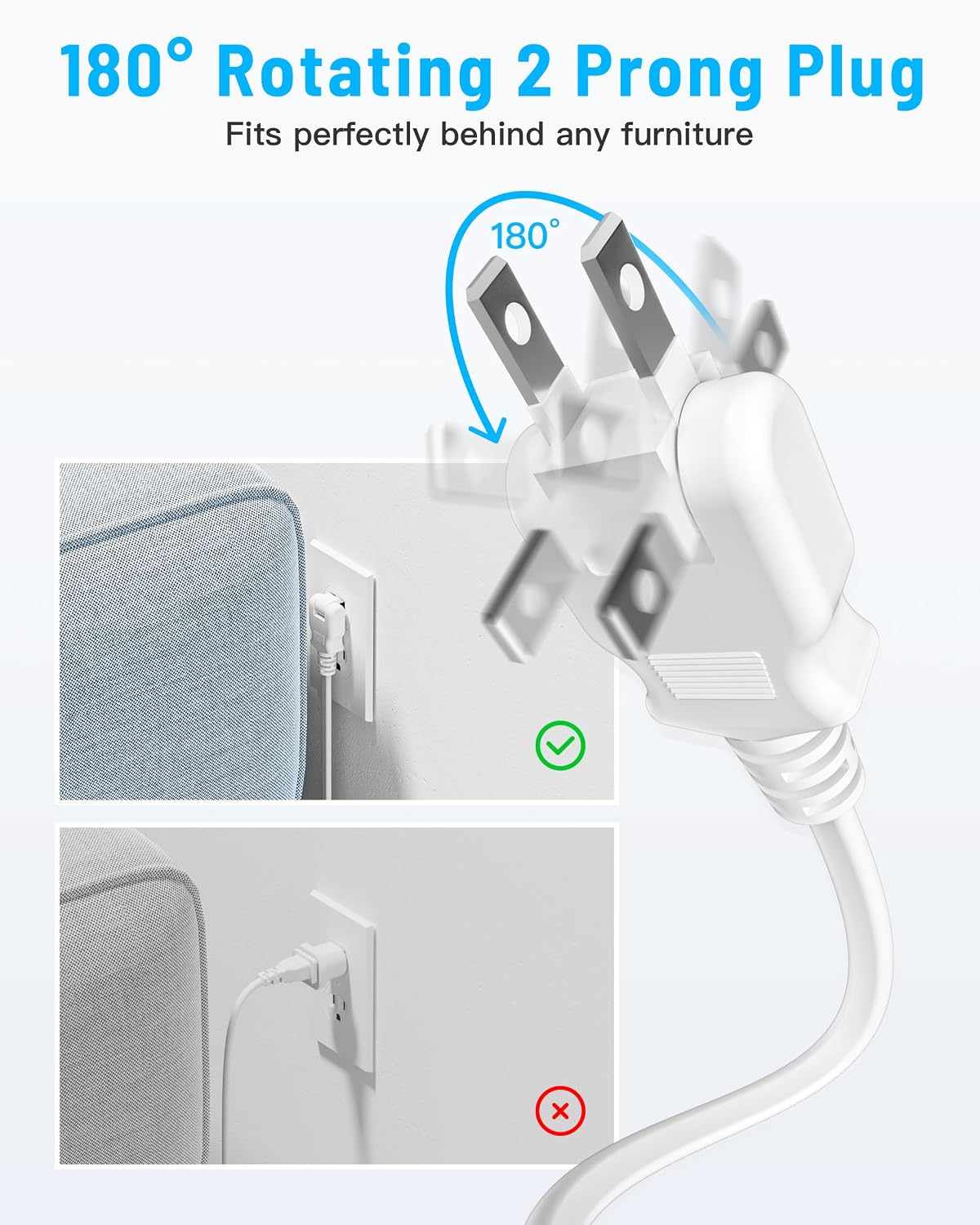 PD20W 2 Prong Power Strip, Yozisital 2 Prong to 3 Prong Outlet Adapter | 180° Rotating Plug, 10FT, 6 Outlets 4 USB (2 USB-C), Ideal for Older House