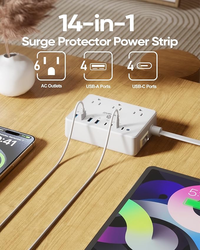 Kakyanill 100W Charging Station, 6 AC Outlets 8 USB Power Strip - Image 2