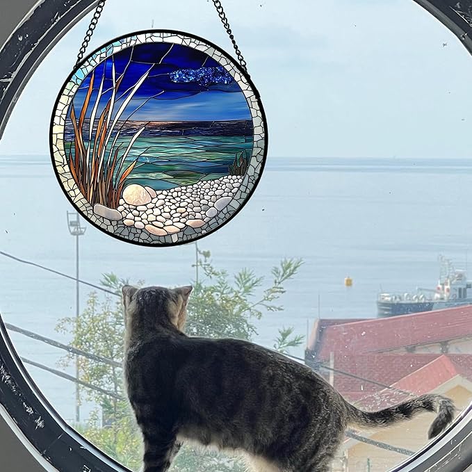 AMDERVEN Stained Glass Window Hanging 4 Pcs Set Navy Blue Ocean Landscape Large - Image 4