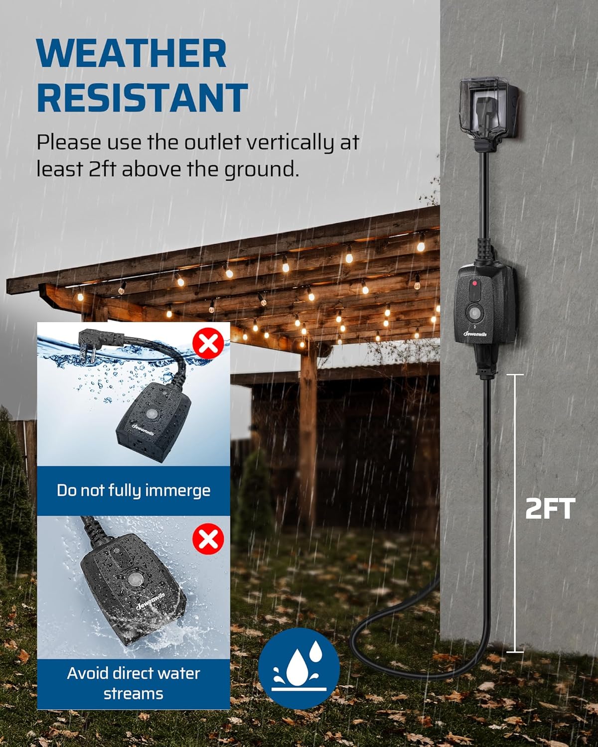 DEWENWILS Outdoor Remote Control Outlet, 125V 15A Wireless Remote Control Switch, 1 Remote 1 Outlet with SJTW Power Cord 100FT Control Range, Weatherproof