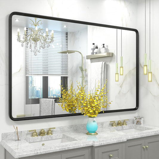 48x30 Black Bathroom Mirror, Rounded Rectangle Mirror, Shatterproof