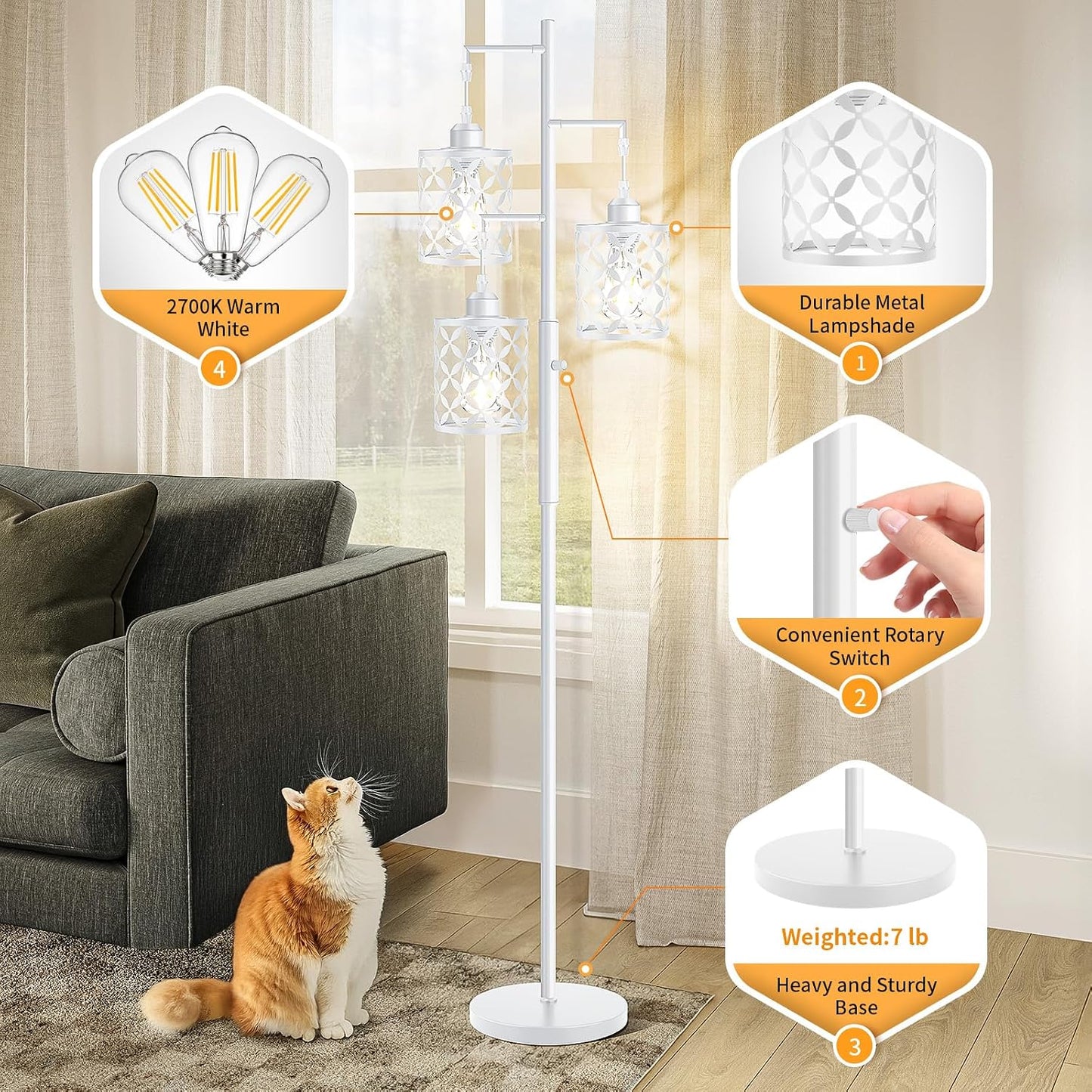 Dimmable Floor Lamp, Farmhouse Standing Lamp with Elegant Metal Cage, Industrial Tall Tree Floor Lamps for Living Room Bedroom Study Room Office, 3 x 800LM LED Bulbs Included - 68", White