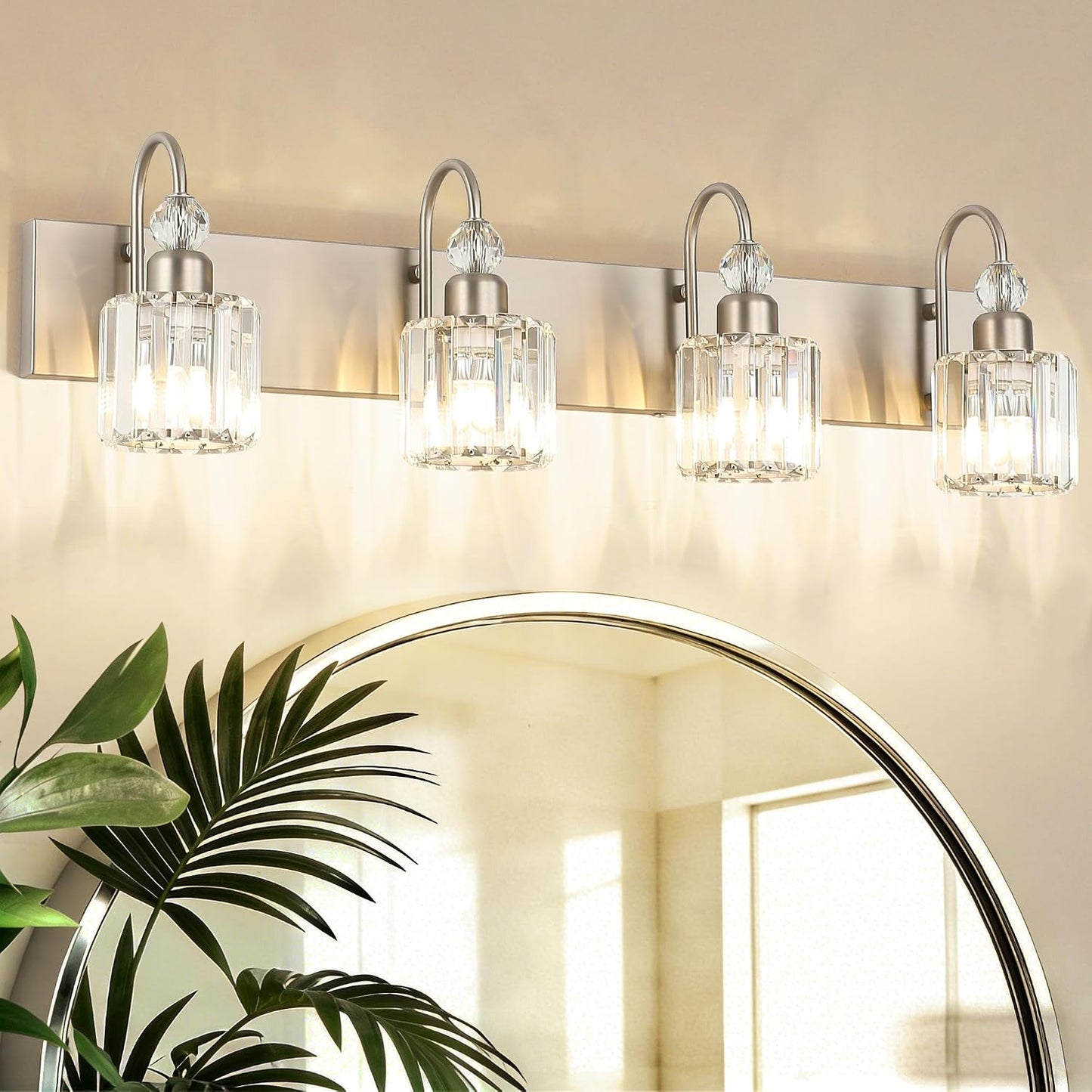 Ralbay 4-Light Crystal Vanity Light for Bathroom Brushed Nickel Modern Bathroom Light Fixtures