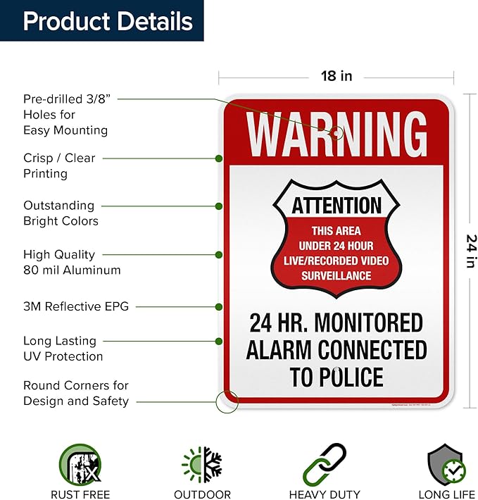 Warning 24 HR. Monitored Alarm Connected To Police Sign, 18x24 Inches, 3M EGP - Image 6