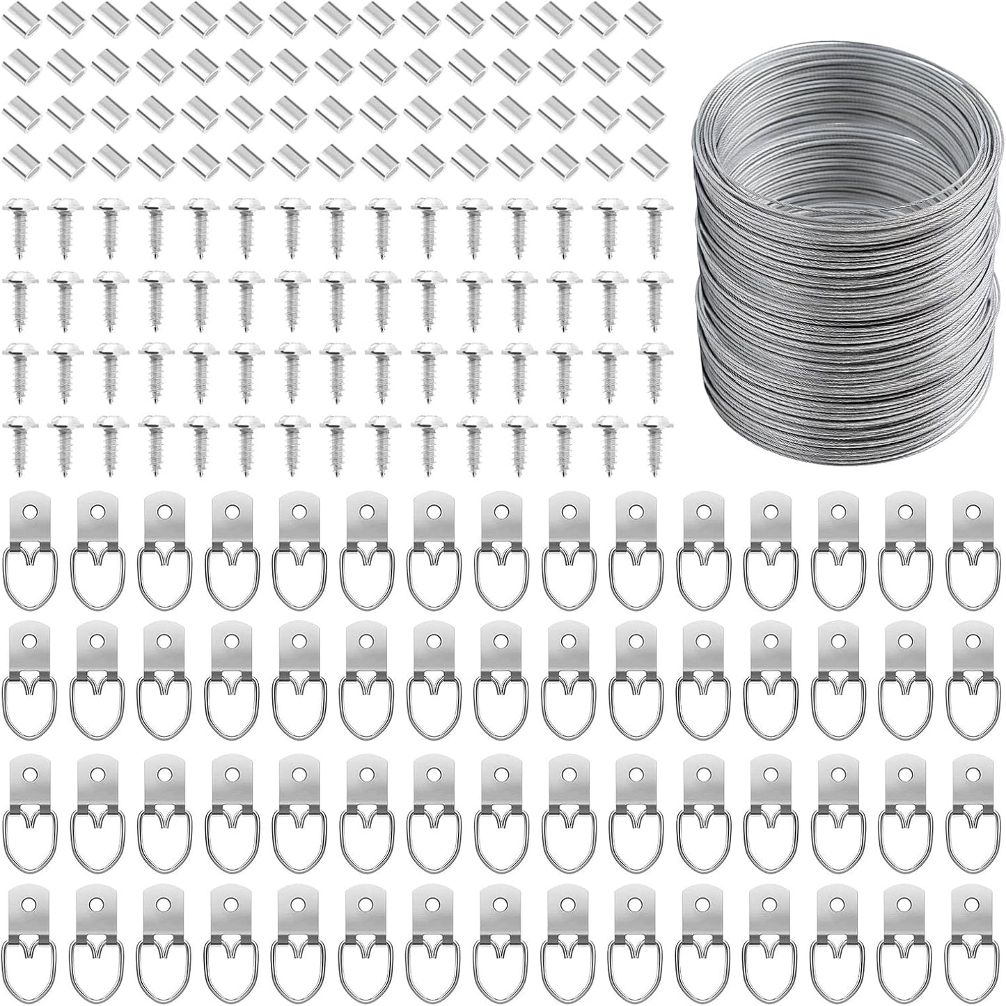 181 Pcs Picture Hanging Kit Wire D Ring Hangers Metal Frame | Braided Wire 100FT, Aluminum Crimping Sleeves, for Frames Mirrors Canvas Artwork Clocks, Rust-Resistant Metal, Home Studio