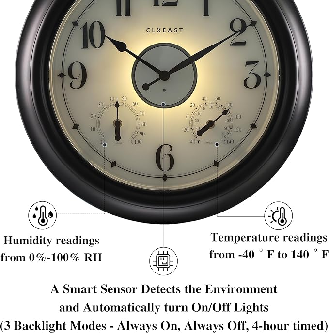 CLXEAST Illuminated Indoor Outdoor Clocks Waterproof 18 inch - Image 3