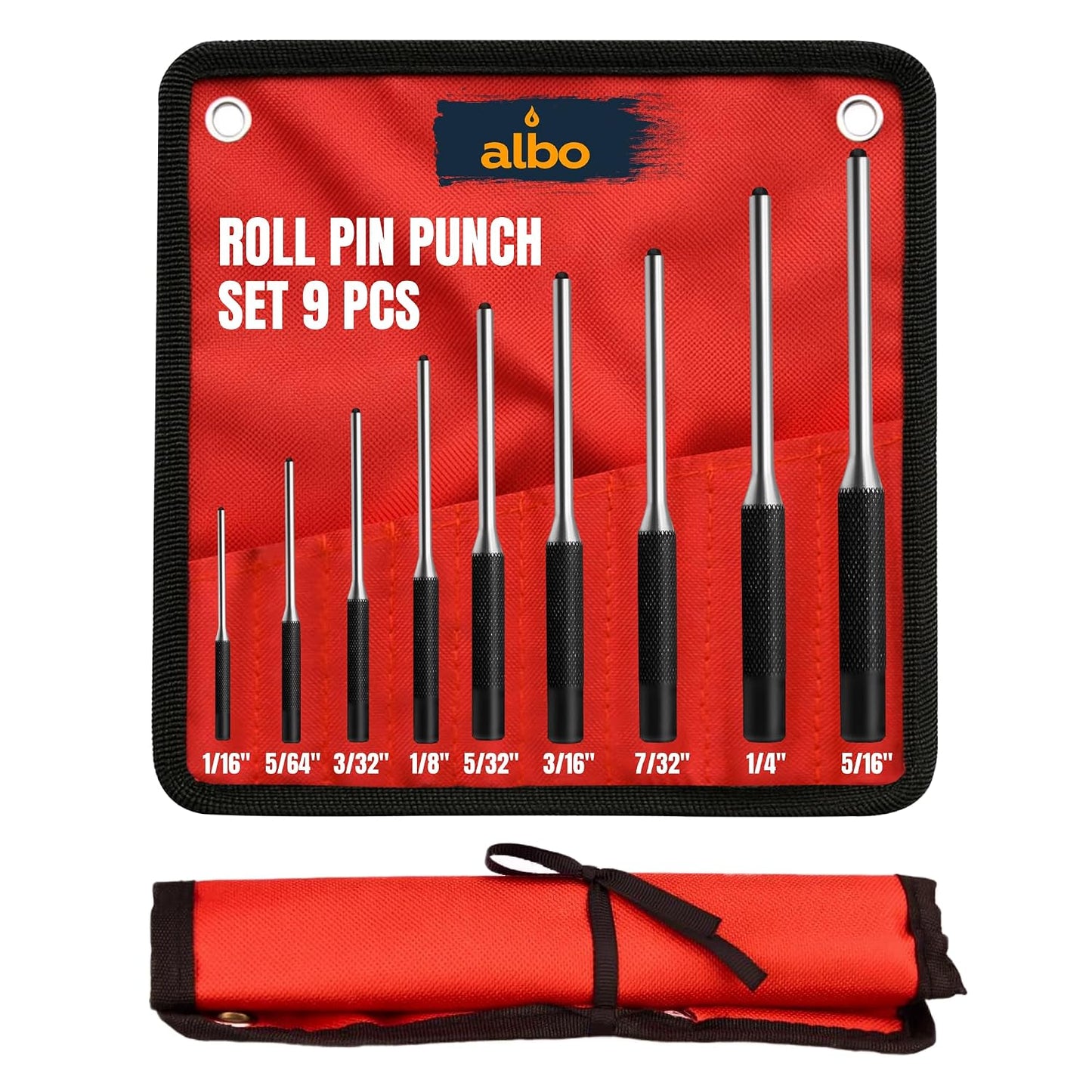 ALBO Roll Pin Punch Set, 9-Piece SAE 1/16–5/16 in, Chrome Vanadium Steel, Heat-Treated Pin Punch Kit with Knurled Handles, Roll-Up Storage Pouch, for Automotive & Small Machinery