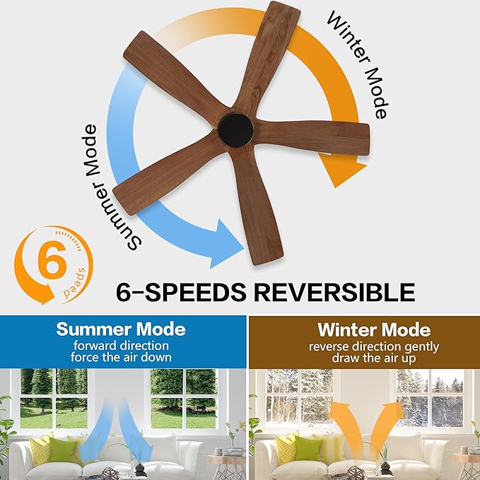 WINGBO 54" Flush Mount DC Ceiling Fans without Lights, 5 Carved Solid Wood - Image 3