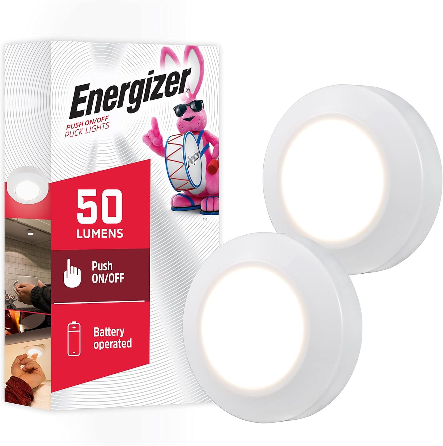 Energizer LED Puck Lights, 2 Pack, Battery Operated, Push Light, Wireless Lights, 50 Lumens, Tap Light, Stick On Lights, White, Perfect for Under Cabinet, Closets, Pantry, and More, 46009