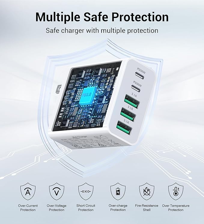 60W Fast Charger Block, 5-Port Dual 30W PD Charging Adapter+QC 3.0 Wall Plug - Image 8