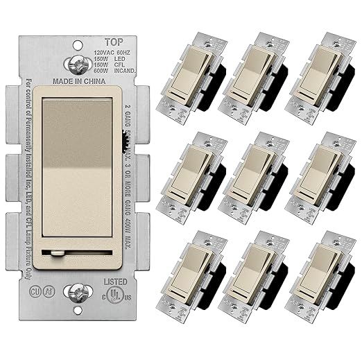 BESTTEN 10 Pack Matte Champagne Gold Dimmer Light Switch, Single Pole or 3-Way by BESTTEN