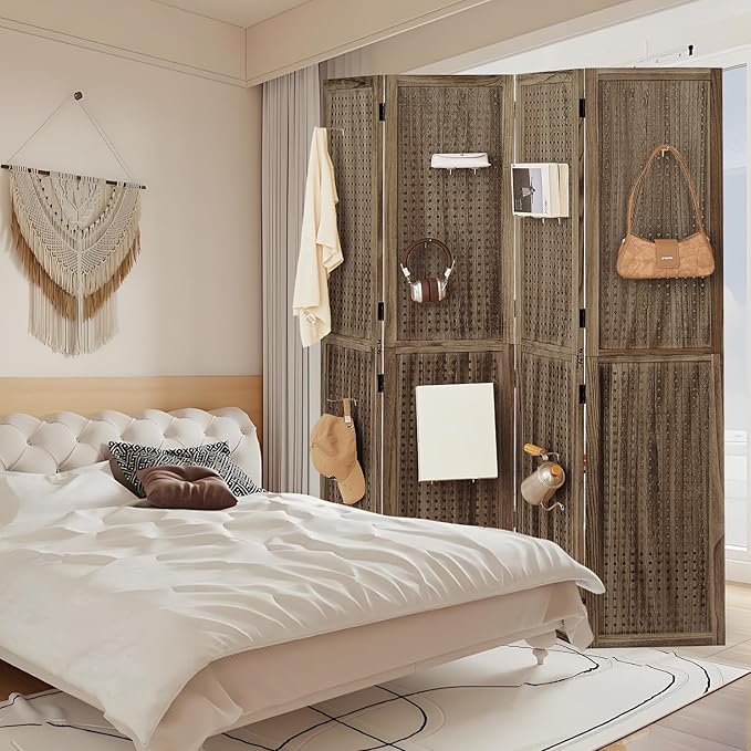 Leesinwing 4 Panel Wooden Room Dividers, 5.6FT High Plug-in Folding Screen Made - Image 8
