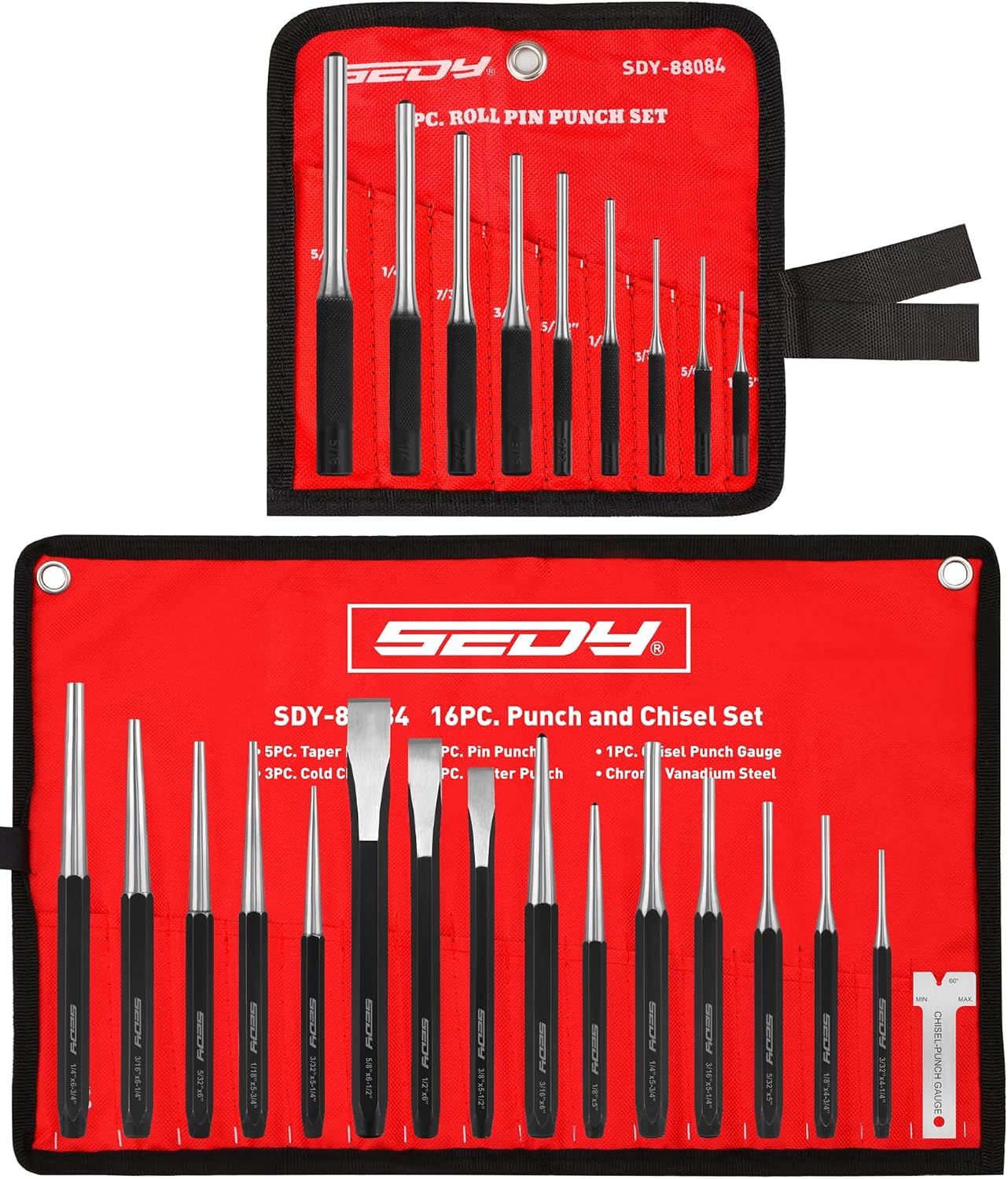 25-Piece Punch and Chisel Set with Roll Pin Punches, Includes Taper, Pin, Center Punches & Cold Chisels for Metalworking, Automotive, and Craft Use