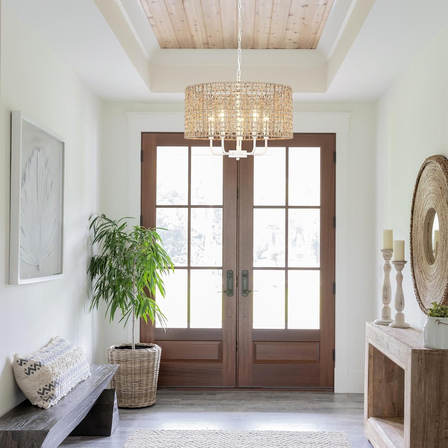 Rattan Chandelier 5-Light Farmhouse Boho Pendant Light Fixture for Dining Room Brown and White Woven Chandeliers for Ceiling Light,Bedroom,Living Room,Foyer,Kitchen Island,Coastal,Stairway,Hallway