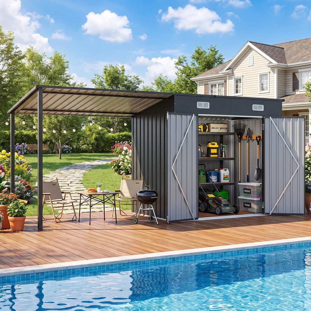 aoxun 12'x3.5' outdoor storage shed & hardtop gazebo, main product view