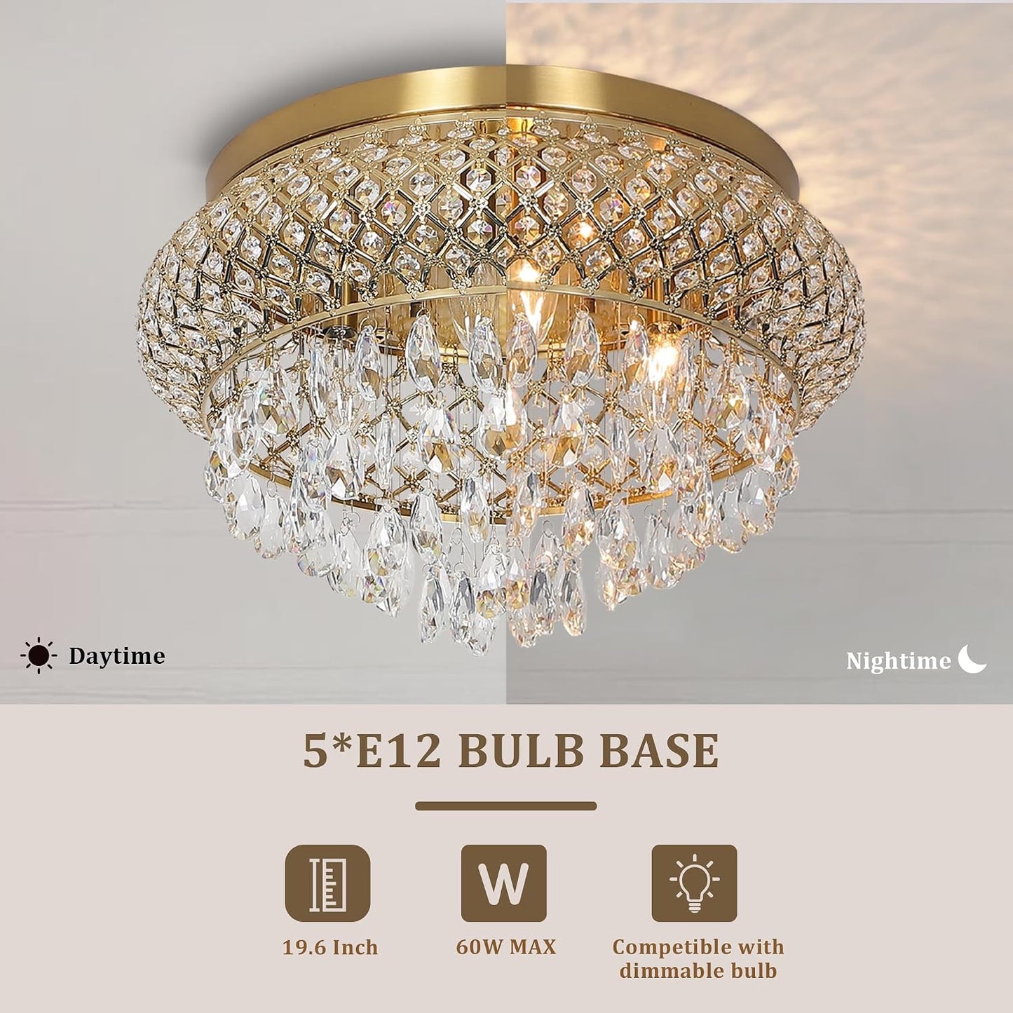 Maxax 19.5'' Crystal Brass Chandelier, 5-Light Large Vintage Farmhouse Ceiling Light Fixture, Drum Raindrop Metal Shade, French Empire, for Living Room Bedroom Dining Room Kitchen Entryway