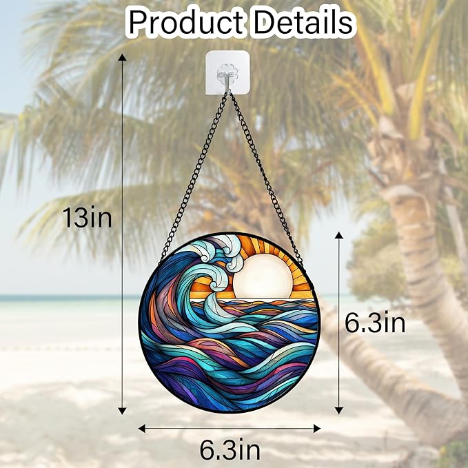 DASTOLL Stained Glass Window Hanging, Big Wave Sun Suncatcher Diamond Glass - Image 3