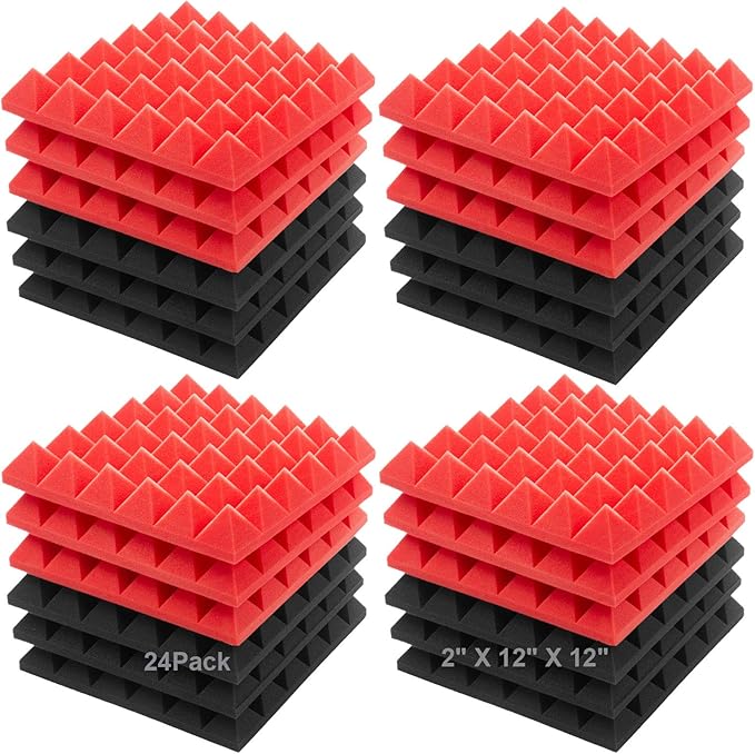 JBER Acoustic Sound Foam Panels, 24 Pack 2" X 12" X 12" Red and Black by JBER