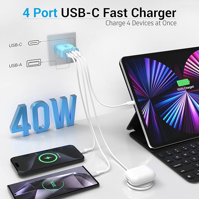TT&C USB C Block 40W, 4 Ports Wall Plug Fast Charging Block, PD+QC Multiport - Image 4